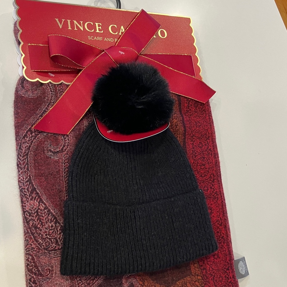 Vince Camuto (NWT) Black Pom-Pom Beanie and Burgundy Paisley Scarf - Picture 2 of 5
